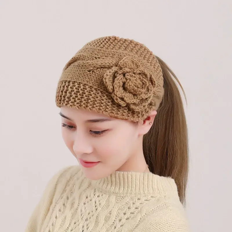 Black Knitted Wool Hair Band with Flower Design — feature 4