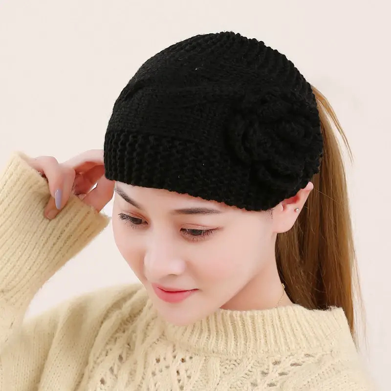 Black Knitted Wool Hair Band with Flower Design — feature 6