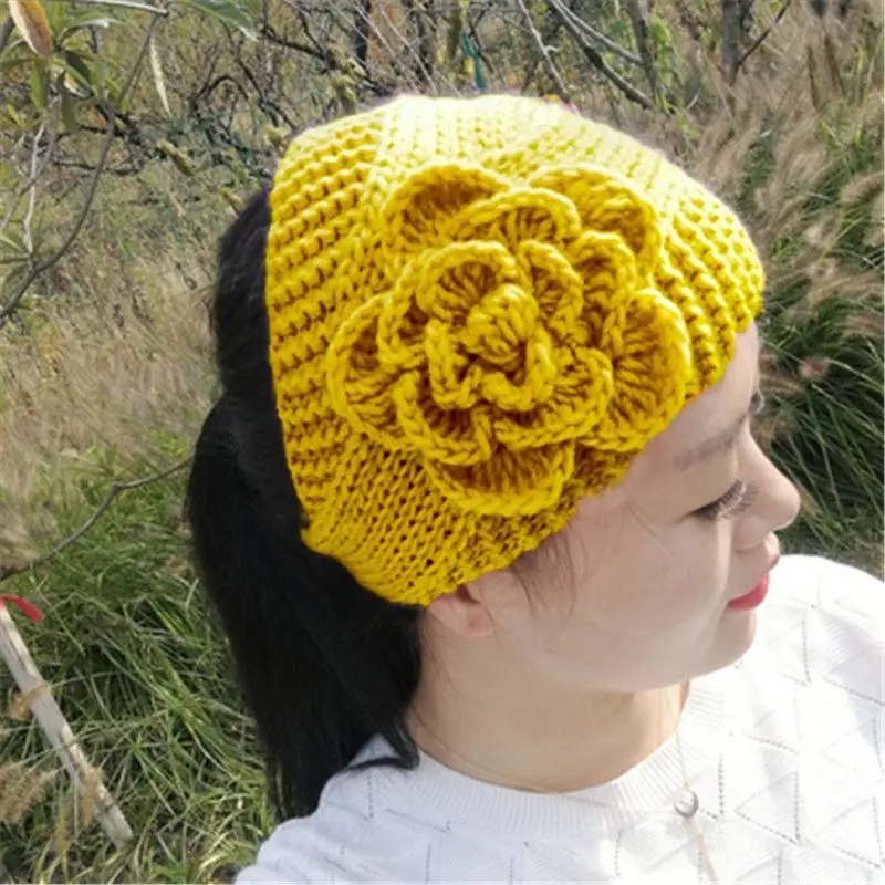 Black Knitted Wool Hair Band with Flower Design - Image 12