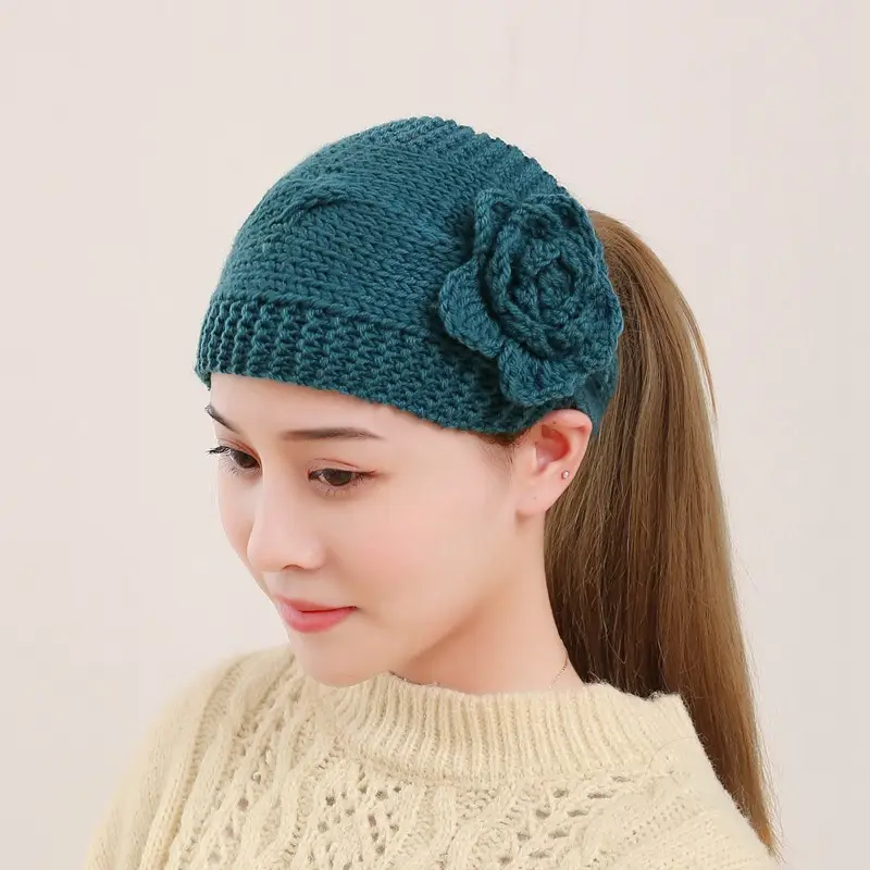 Black Knitted Wool Hair Band with Flower Design - Image 2