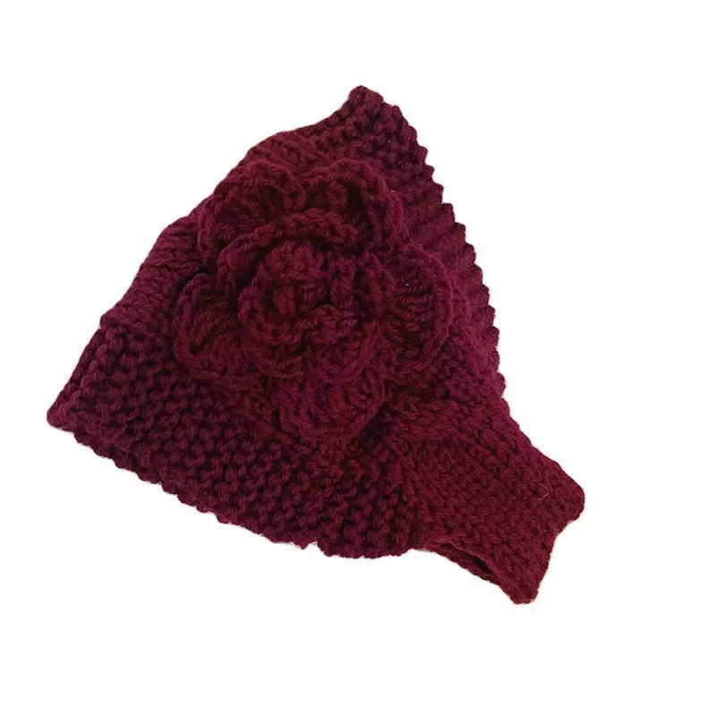 Black Knitted Wool Hair Band with Flower Design - Image 3