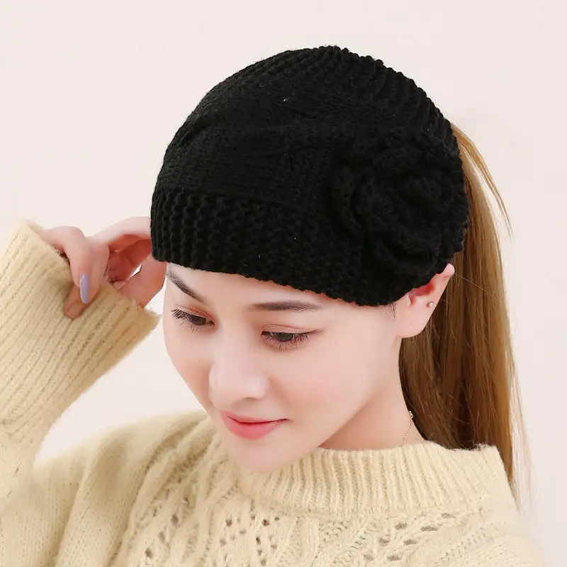 Black Knitted Wool Hair Band with Flower Design - Image 4