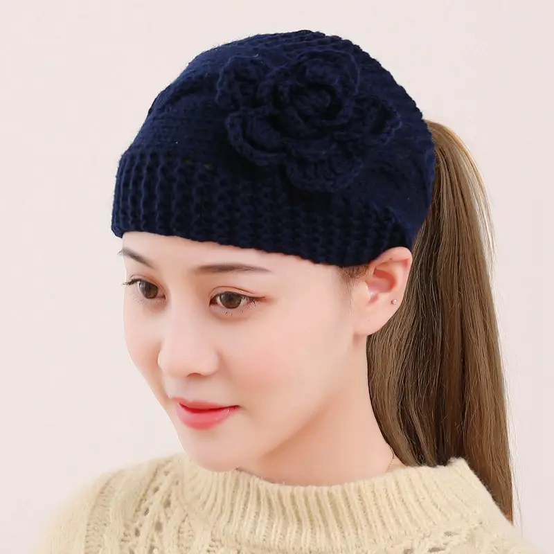 Black Knitted Wool Hair Band with Flower Design - Image 5