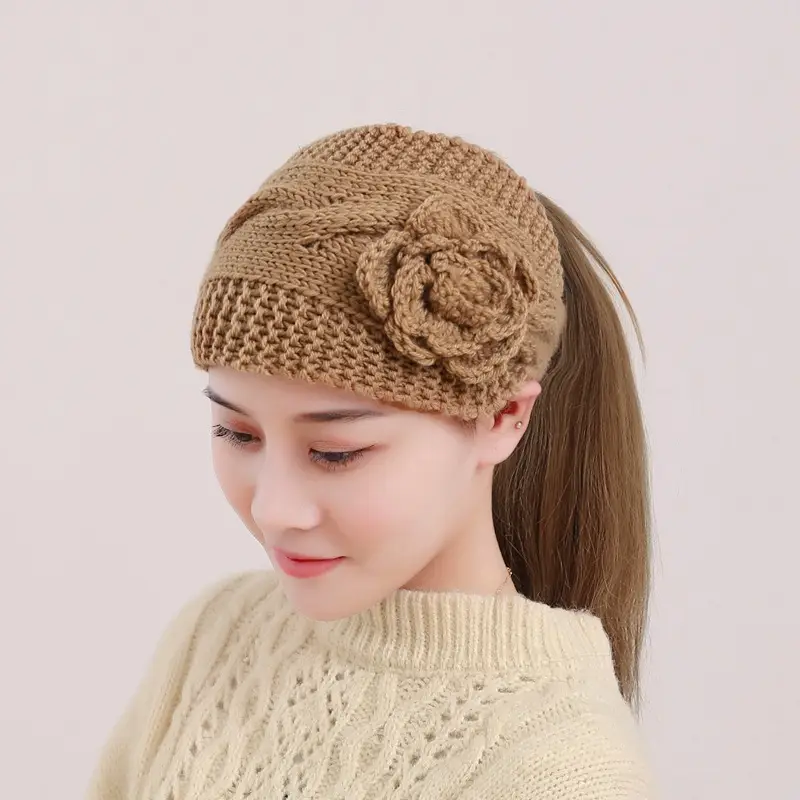 Black Knitted Wool Hair Band with Flower Design - Image 6
