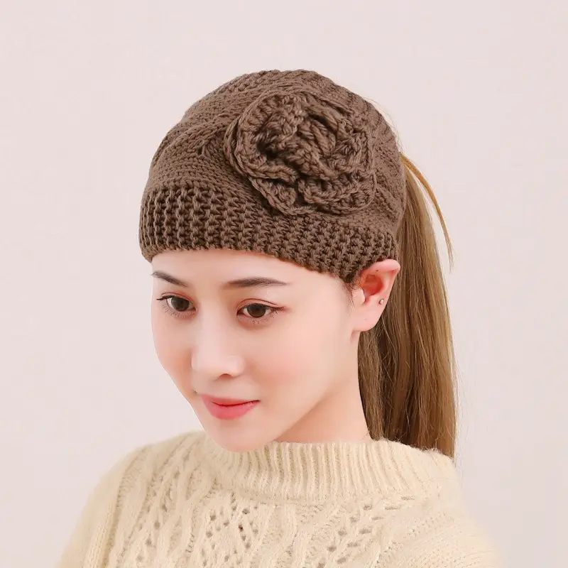 Black Knitted Wool Hair Band with Flower Design - Image 7
