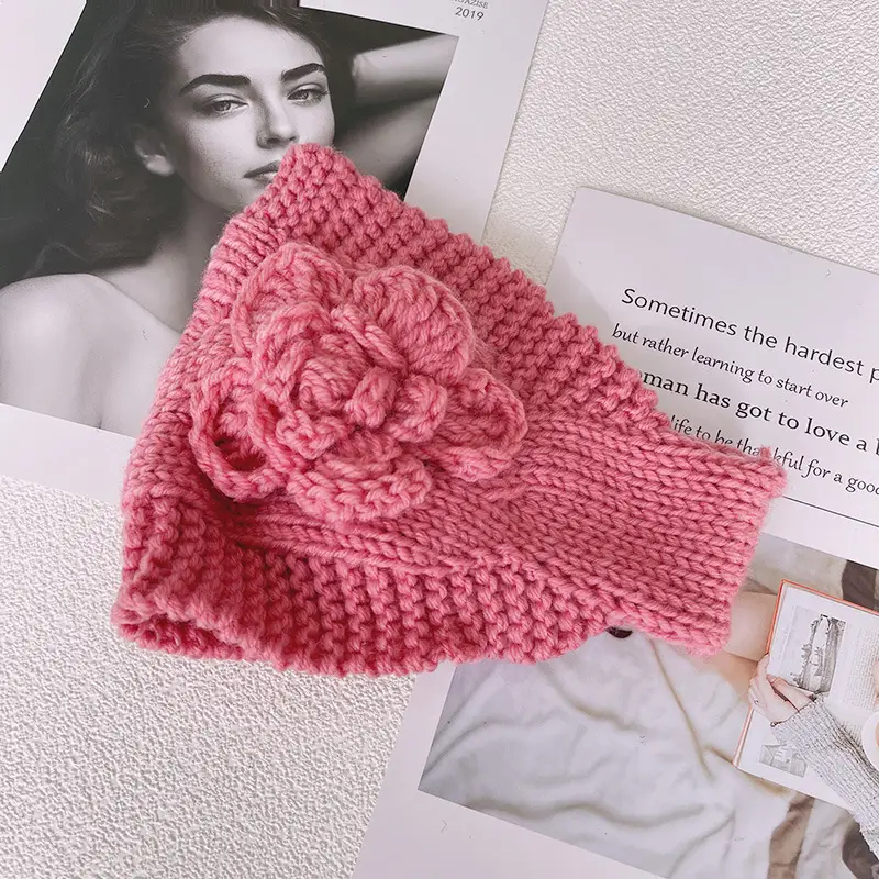 Black Knitted Wool Hair Band with Flower Design - Image 8