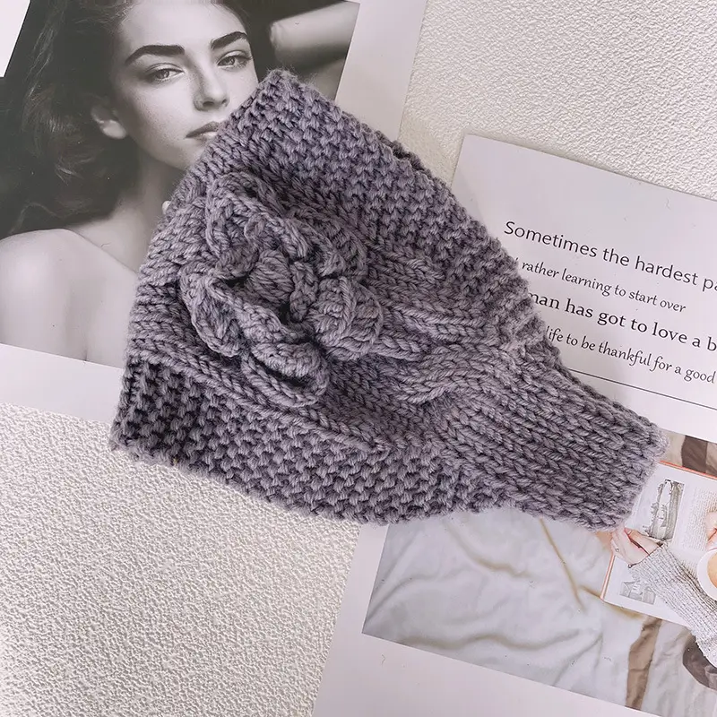 Black Knitted Wool Hair Band with Flower Design - Image 9