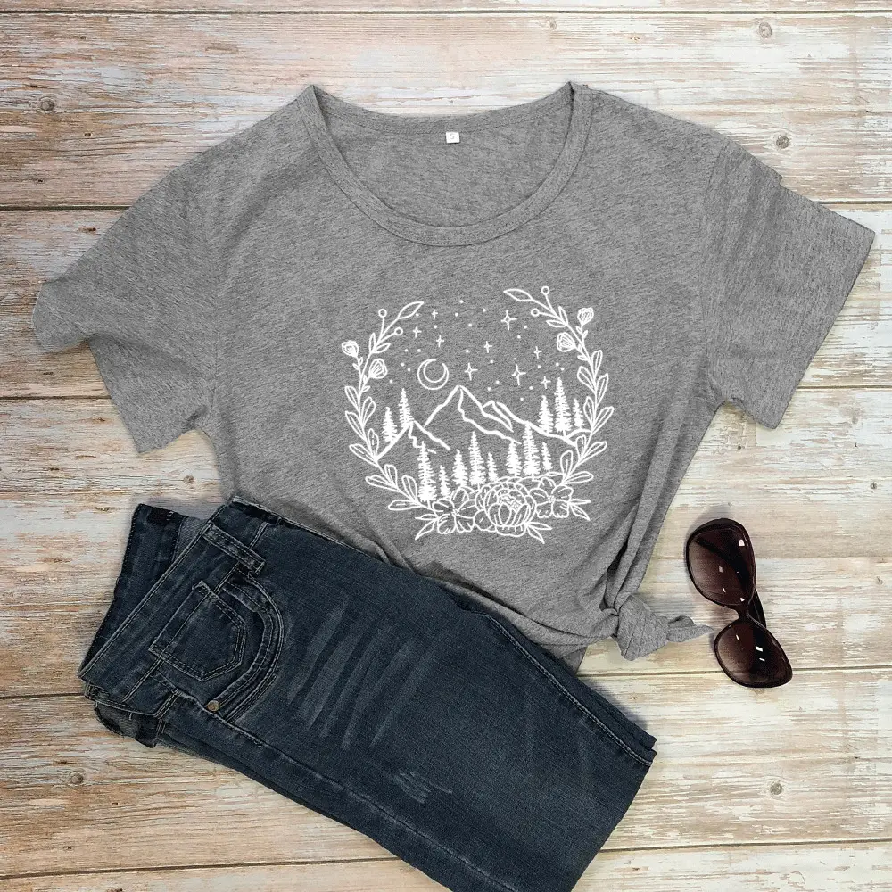 Women Gray Mountain Graphic T-Shirt with Floral Design - Image 10