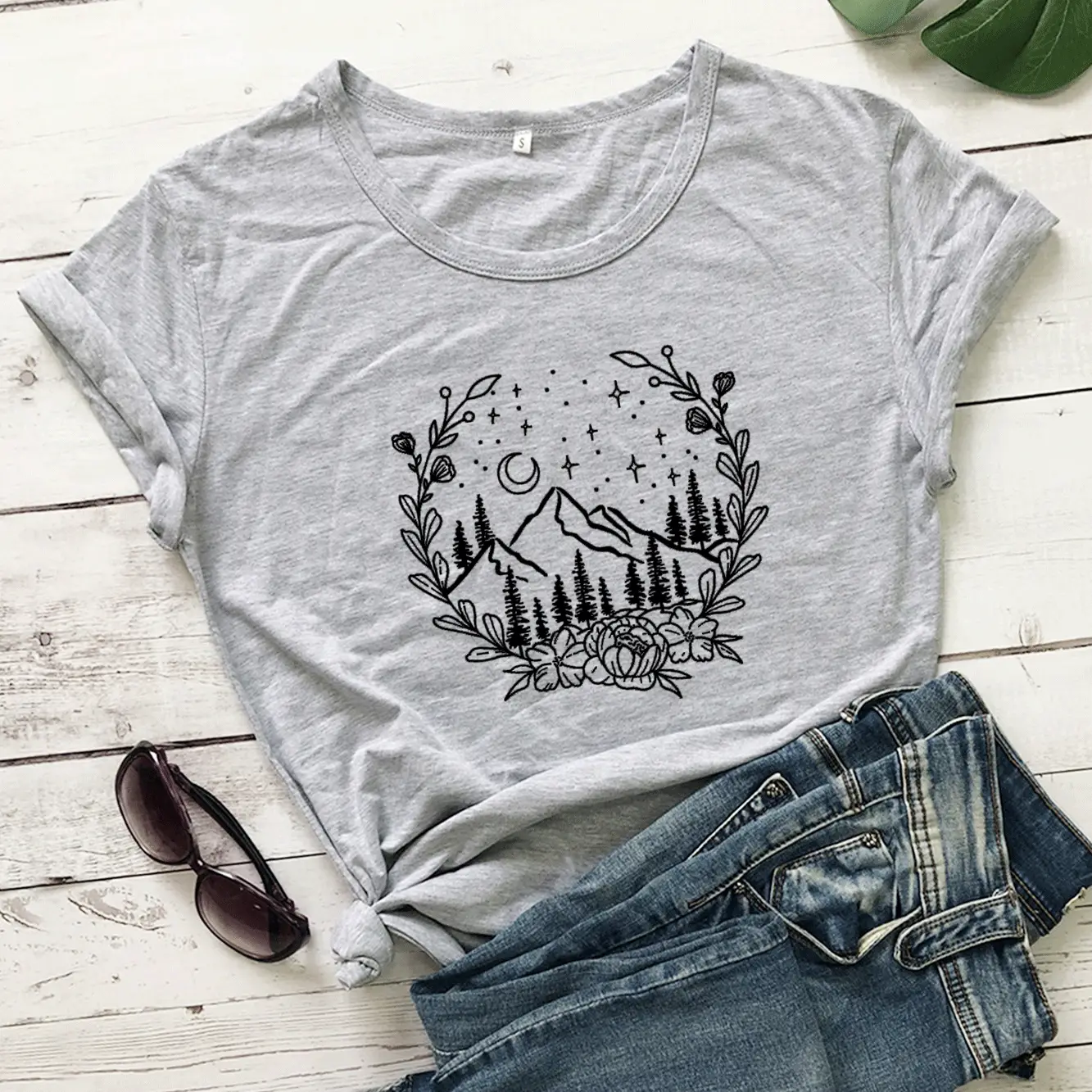 Women Gray Mountain Graphic T-Shirt with Floral Design - Image 3