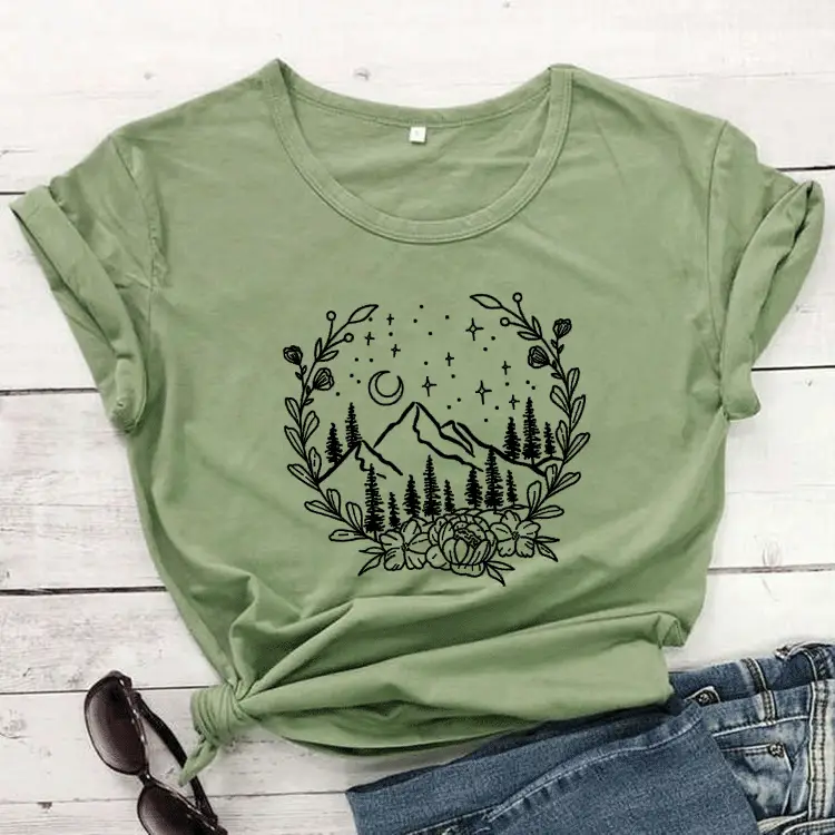 Women Gray Mountain Graphic T-Shirt with Floral Design - Image 4