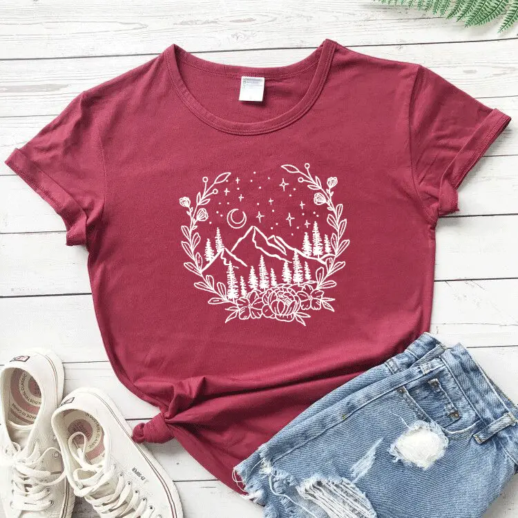 Women Gray Mountain Graphic T-Shirt with Floral Design - Image 7