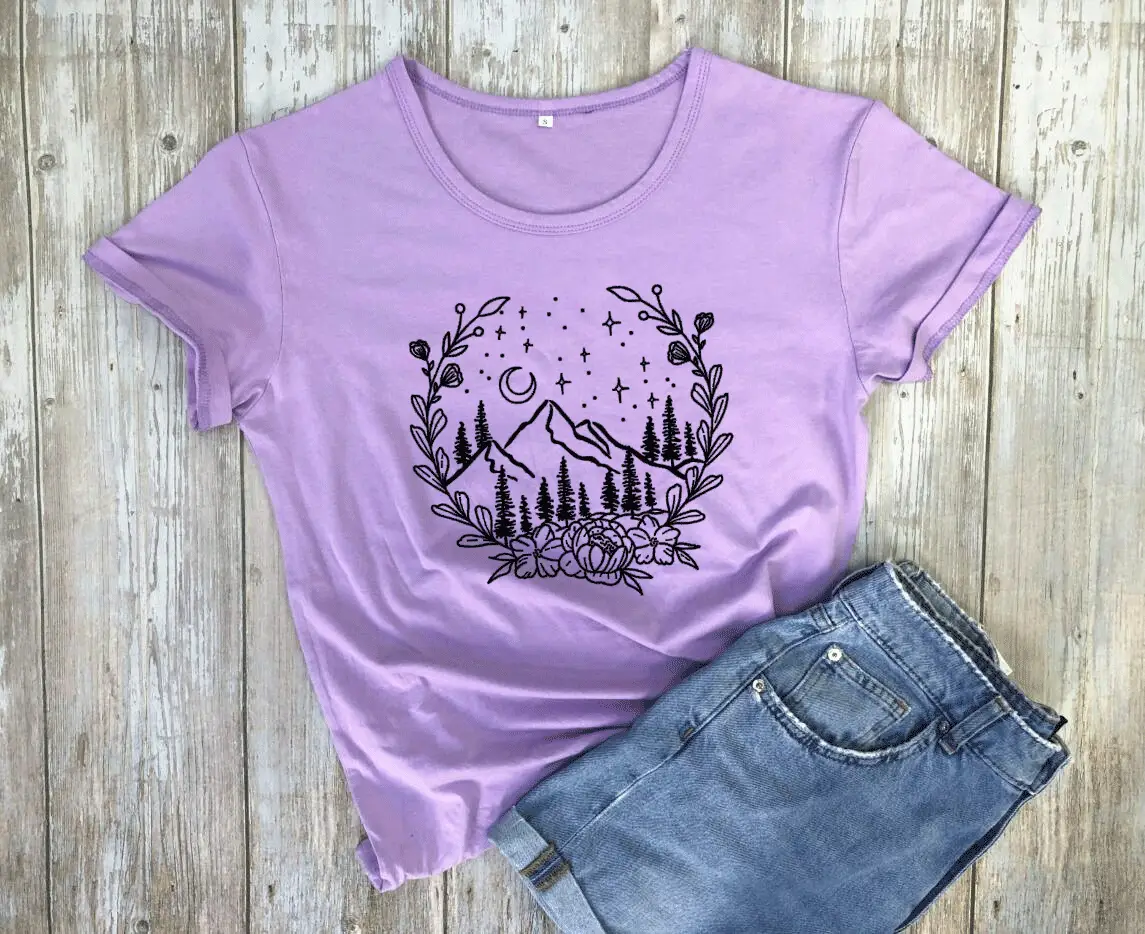 Women Gray Mountain Graphic T-Shirt with Floral Design - Image 8