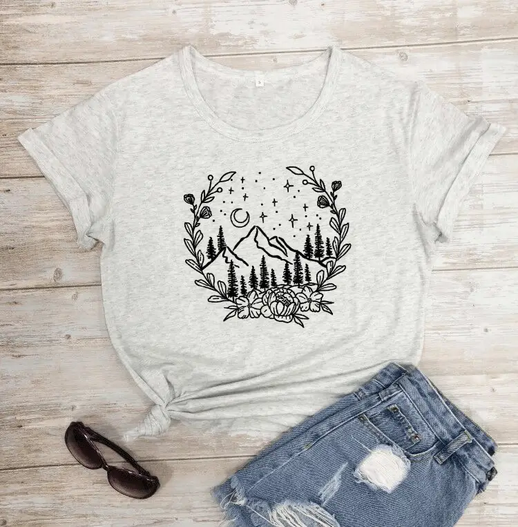 Women Gray Mountain Graphic T-Shirt with Floral Design - Image 9