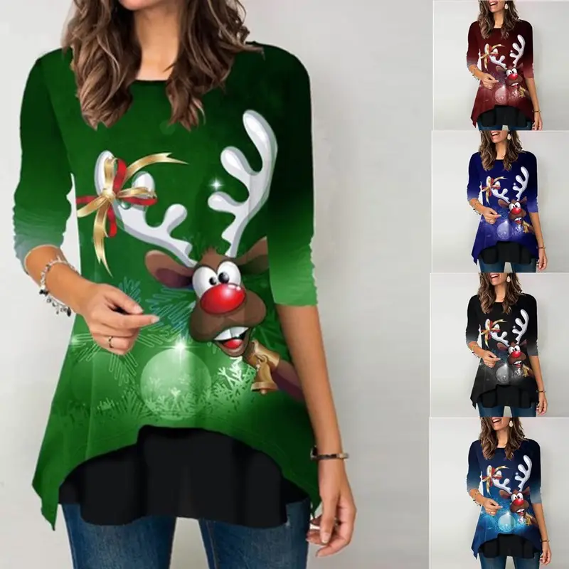 2020 Wish Explosions Elk Christmas Print T-Shirt Long Sleeve Women