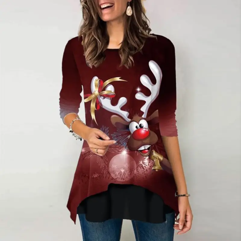 2020 Wish Explosions Elk Christmas Print T-Shirt Long Sleeve Women