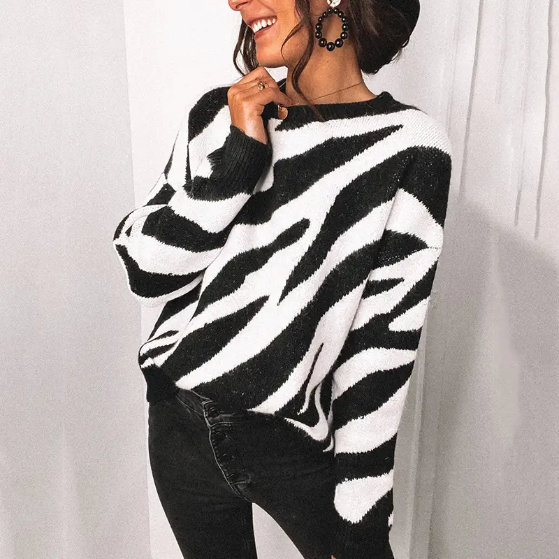 Zebra Print Knitted Crewneck Sweater Women Winter - Image 3