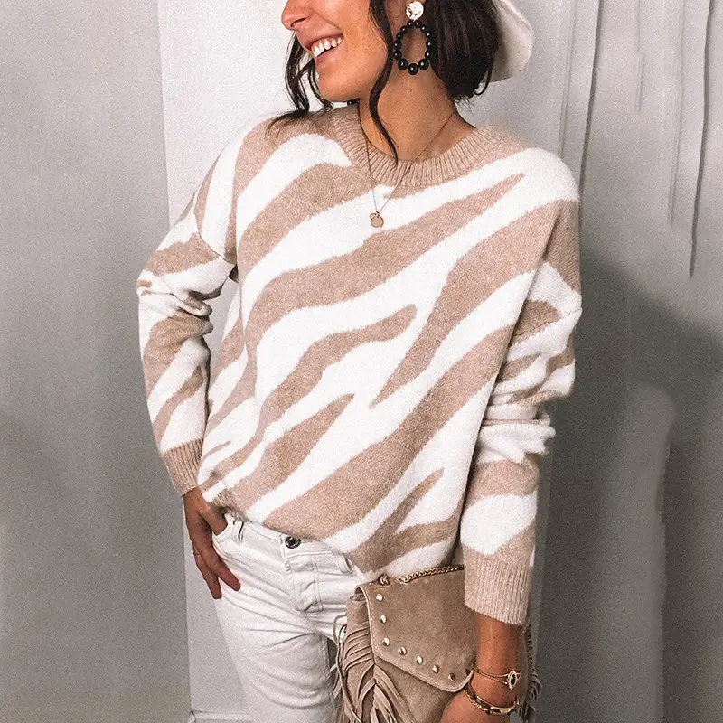 Zebra Print Knitted Crewneck Sweater Women Winter - Image 5