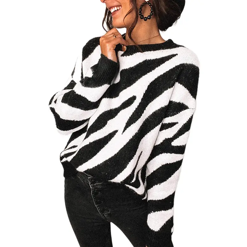 Zebra Print Knitted Crewneck Sweater Women Winter - Image 6
