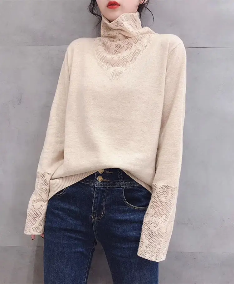 Women Lace Turtleneck Sweater White Slim Fit — feature 4