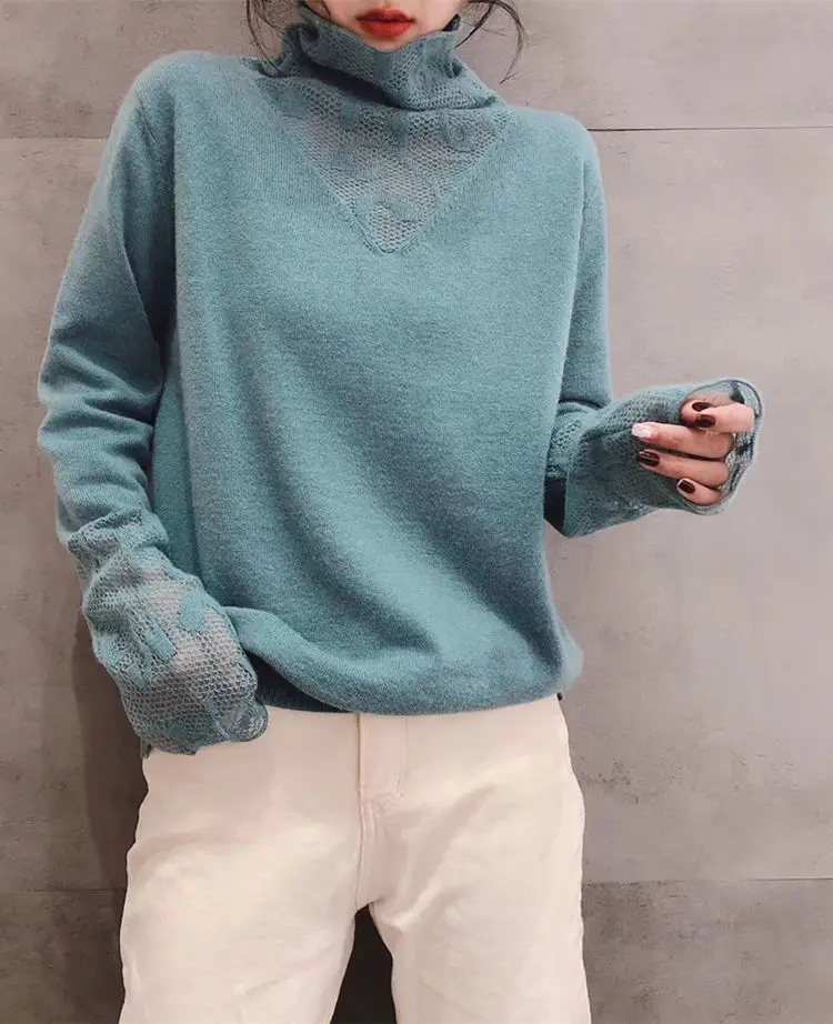 Women Lace Turtleneck Sweater White Slim Fit — feature 8
