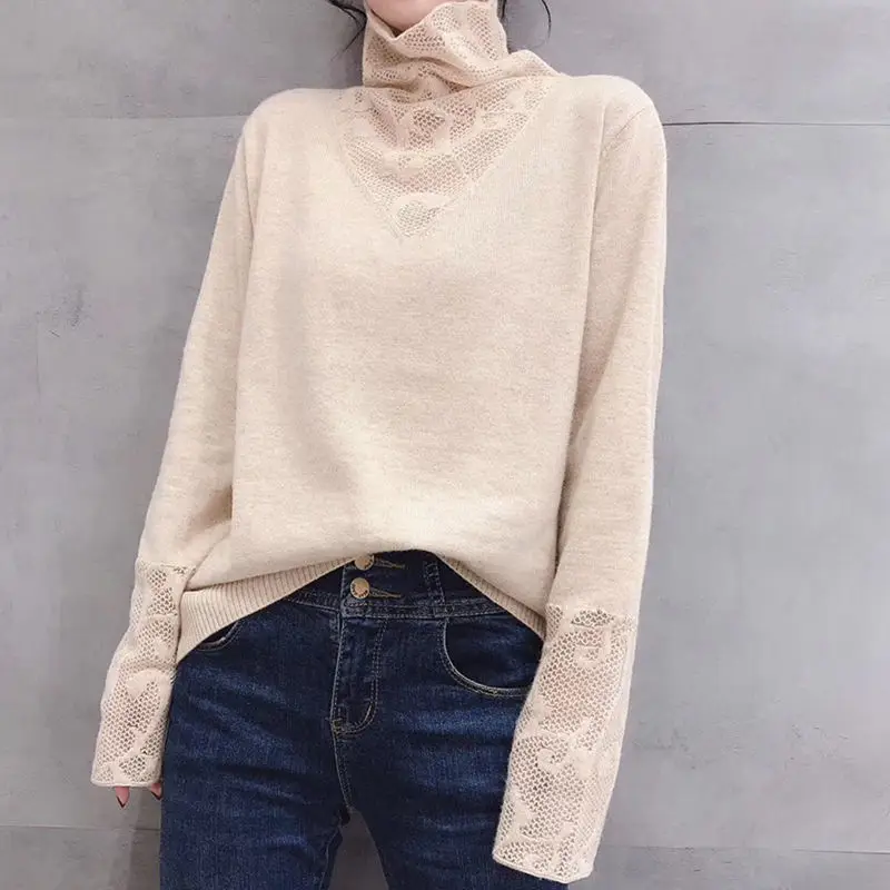 Women Lace Turtleneck Sweater White Slim Fit