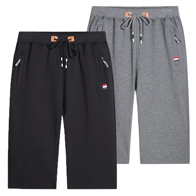 Men's Grey Cotton Cropped Pants Mid Length Running Shorts