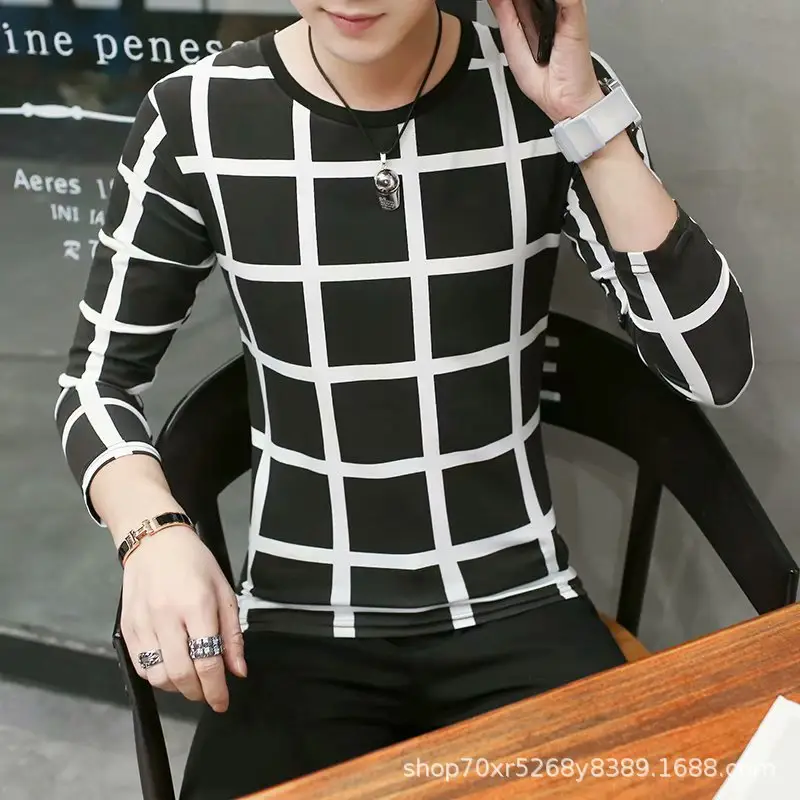 Men Long Sleeve Black White Grid T-Shirt Slim Fit