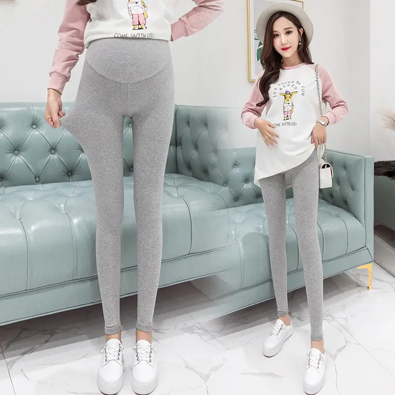 Pregnant Women's Grey Stretch Leggings with Adjustable High Waist - Image 2