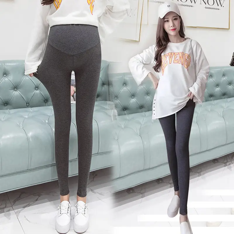Pregnant Women's Grey Stretch Leggings with Adjustable High Waist - Image 4