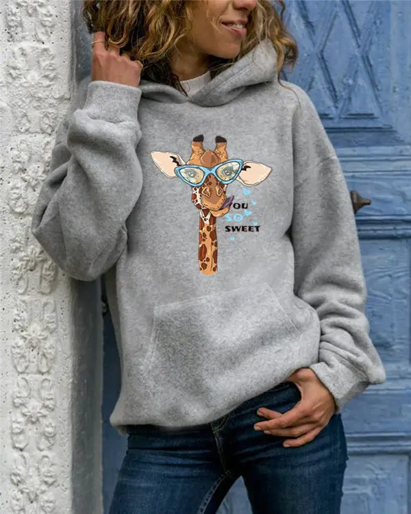 Women Gray Giraffe Print Hoodie Christmas Festive Hoodie - Image 3