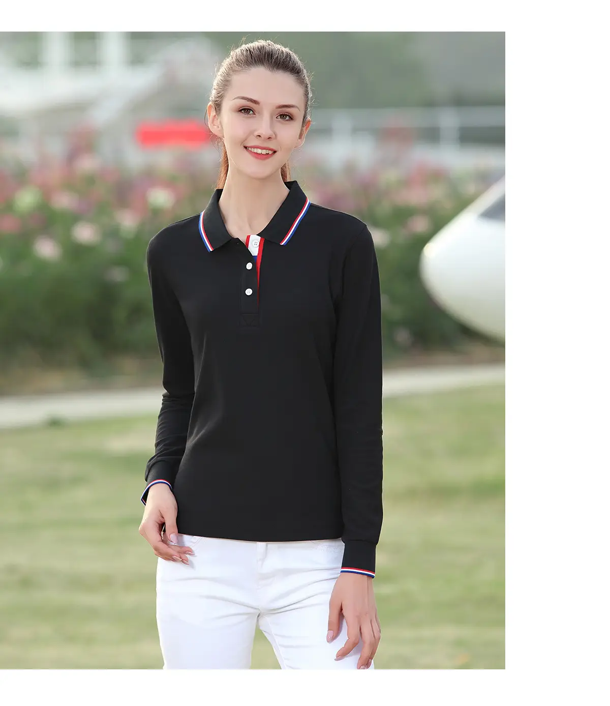 Men Black Polo Shirt with Red Trim Long Sleeve — feature 12