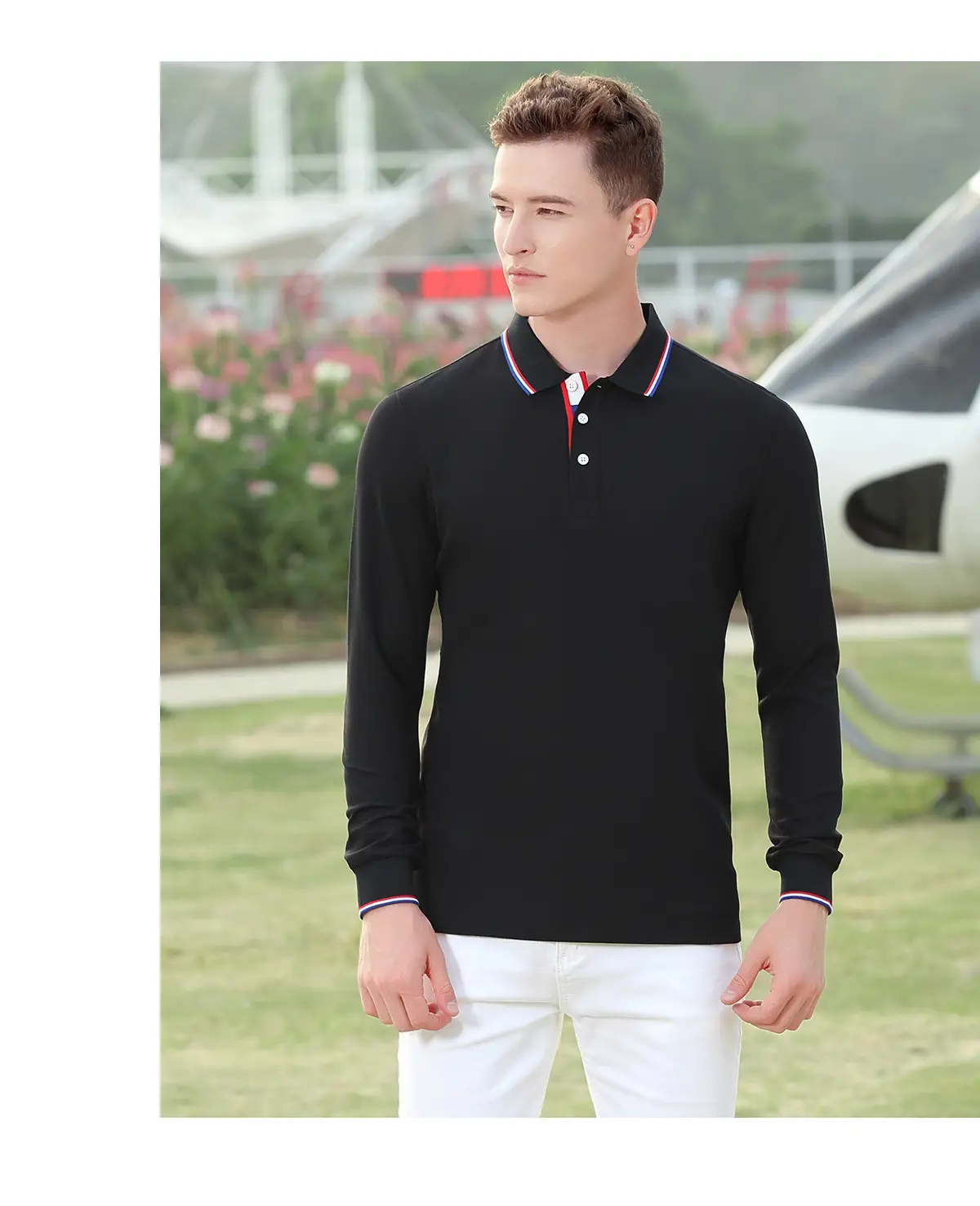 Men Black Polo Shirt with Red Trim Long Sleeve — feature 13