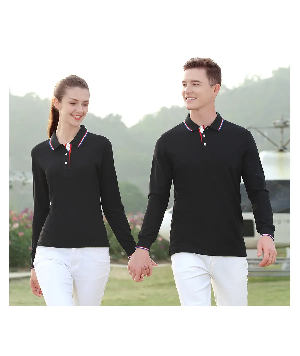 Men Black Polo Shirt with Red Trim Long Sleeve — feature 14