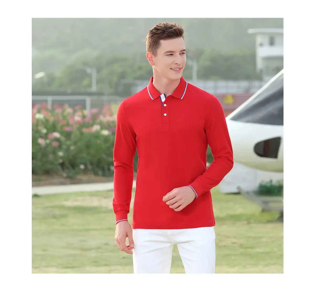 Men Black Polo Shirt with Red Trim Long Sleeve — feature 5