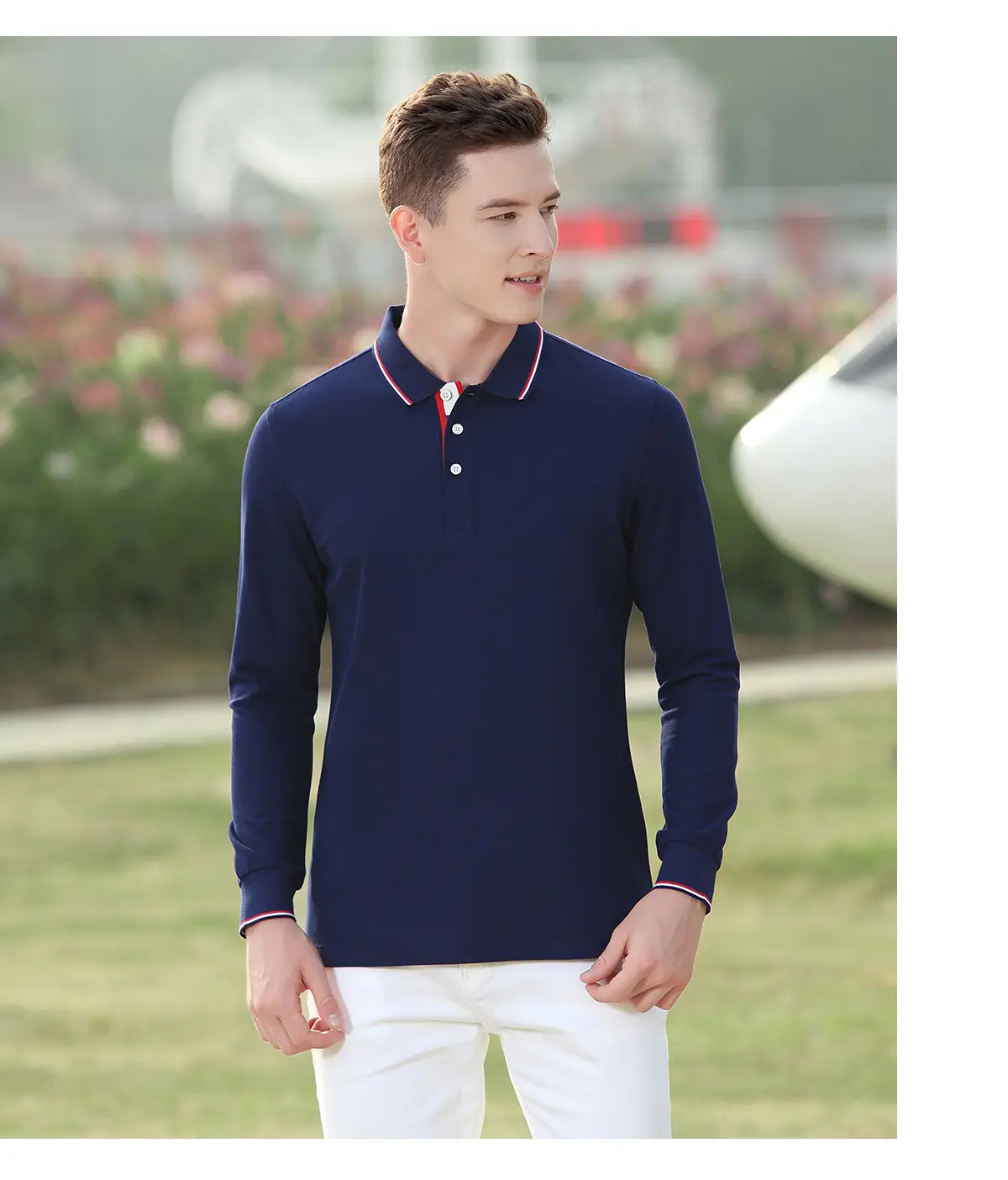 Men Black Polo Shirt with Red Trim Long Sleeve — feature 9