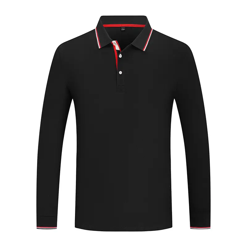 Men Black Polo Shirt with Red Trim Long Sleeve