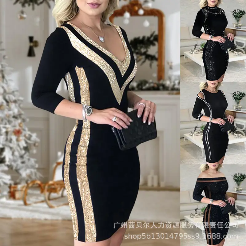 Women's Black White V-Neck Dress HDZ0136 - Image 5