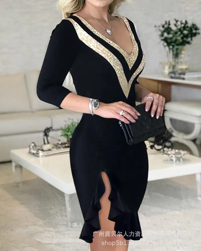 Women's Black White V-Neck Dress HDZ0136 — feature 10