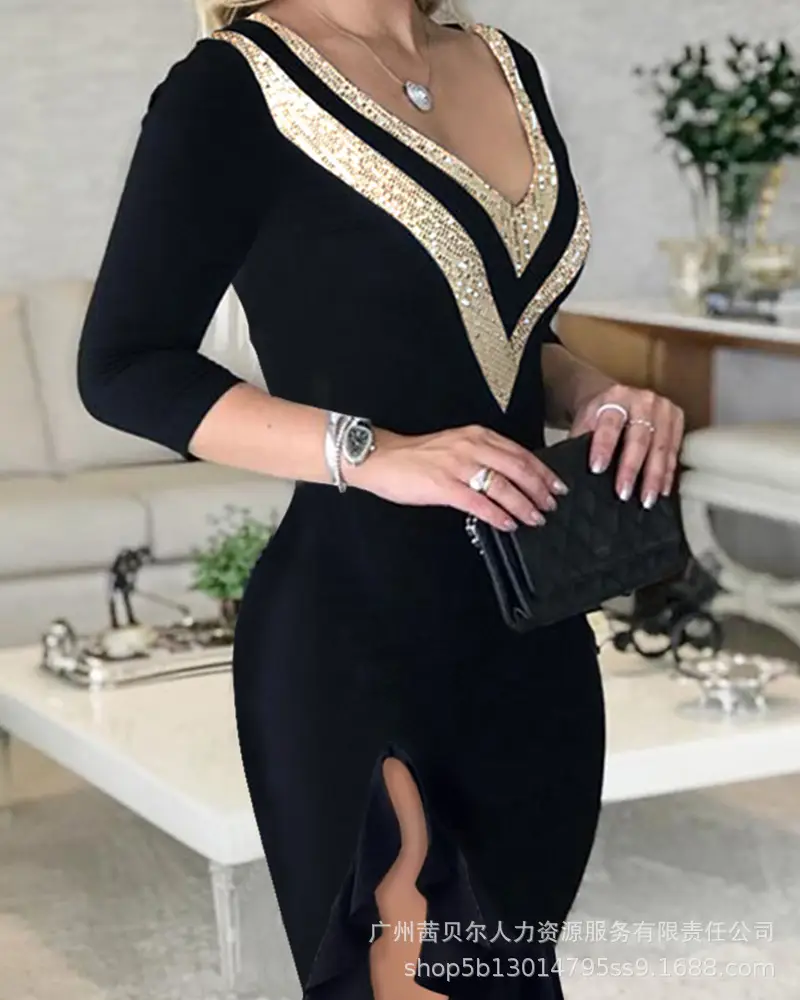 Women's Black White V-Neck Dress HDZ0136 — feature 11