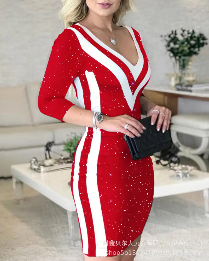 Women's Black White V-Neck Dress HDZ0136 — feature 14