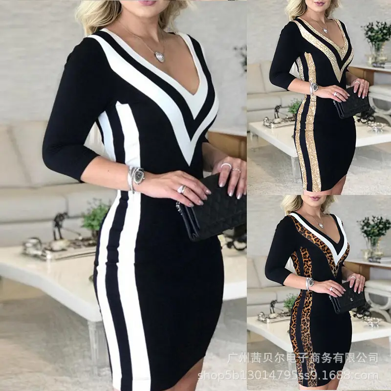 Women's Black White V-Neck Dress HDZ0136 — feature 5