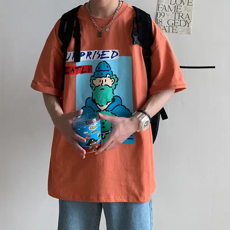Men's Orange Printed Short Sleeve T-Shirt with Cartoon Design - Image 7