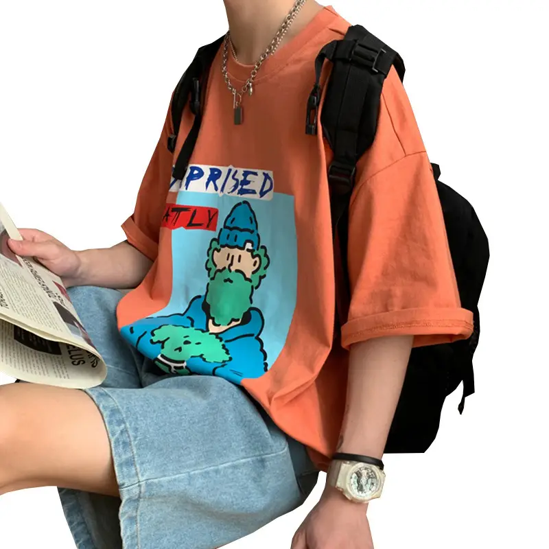 Men's Orange Printed Short Sleeve T-Shirt with Cartoon Design - Image 8