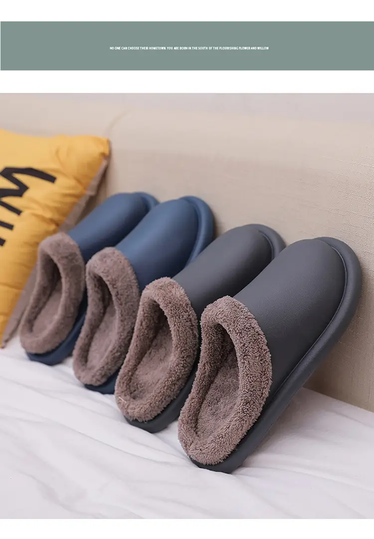 Cotton Slippers for Autumn and Winter, Women's Leather-Covered Thick-Soled Indoor Non-Slip Couple's Warm Slippers, Men's Household Closed-Back Integrated Kitchen Home Slippers — feature 20