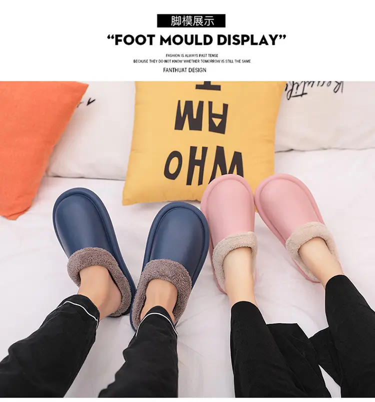 Cotton Slippers for Autumn and Winter, Women's Leather-Covered Thick-Soled Indoor Non-Slip Couple's Warm Slippers, Men's Household Closed-Back Integrated Kitchen Home Slippers — feature 27