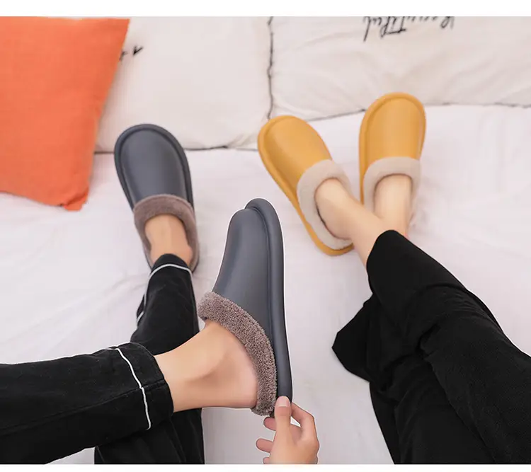 Cotton Slippers for Autumn and Winter, Women's Leather-Covered Thick-Soled Indoor Non-Slip Couple's Warm Slippers, Men's Household Closed-Back Integrated Kitchen Home Slippers — feature 30