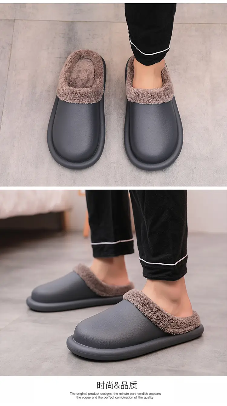 Cotton Slippers for Autumn and Winter, Women's Leather-Covered Thick-Soled Indoor Non-Slip Couple's Warm Slippers, Men's Household Closed-Back Integrated Kitchen Home Slippers — feature 32