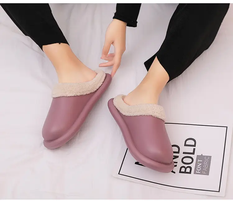 Cotton Slippers for Autumn and Winter, Women's Leather-Covered Thick-Soled Indoor Non-Slip Couple's Warm Slippers, Men's Household Closed-Back Integrated Kitchen Home Slippers — feature 34