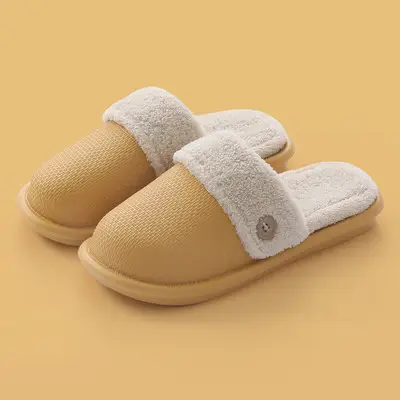 Cotton Slippers for Autumn and Winter, Women's Leather-Covered Thick-Soled Indoor Non-Slip Couple's Warm Slippers, Men's Household Closed-Back Integrated Kitchen Home Slippers - Image 2