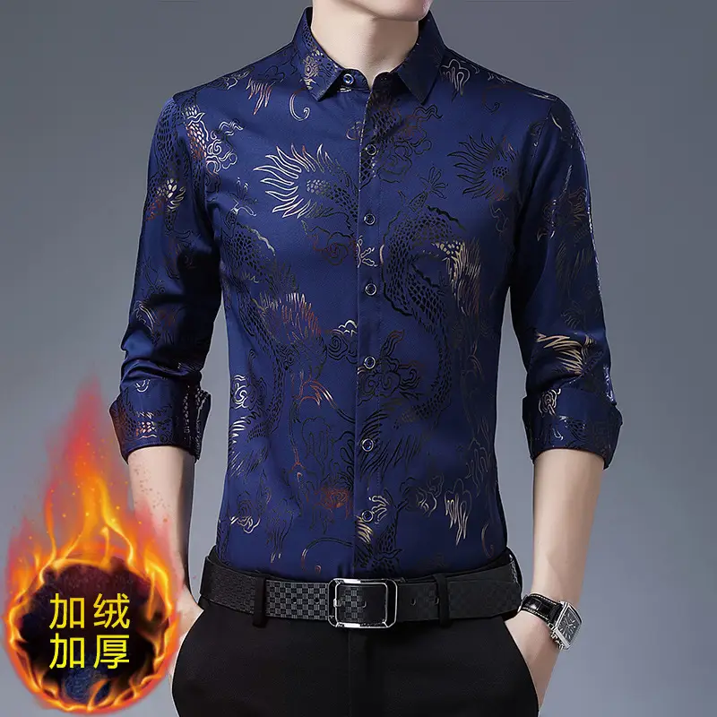 Men Velvet Dragon Pattern Long Sleeve Shirt Maroon - Image 6